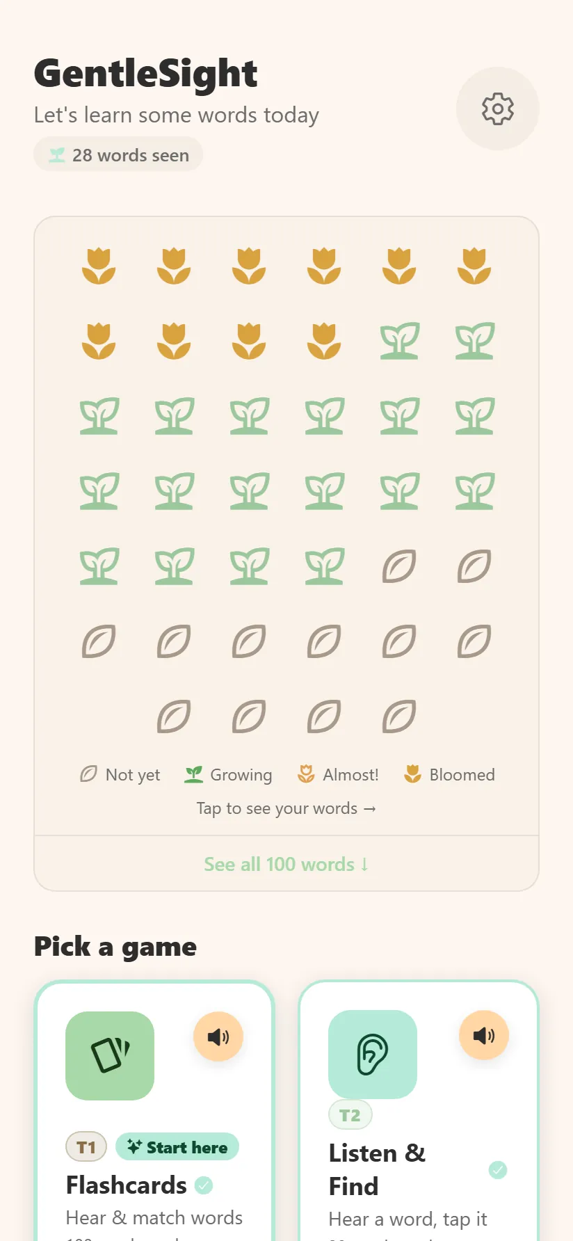 Home screen showing the word garden growing